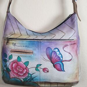 Anushka Hand Painted Leather Large Butterfly Shoulder Hobo Tote Purse adjustable
